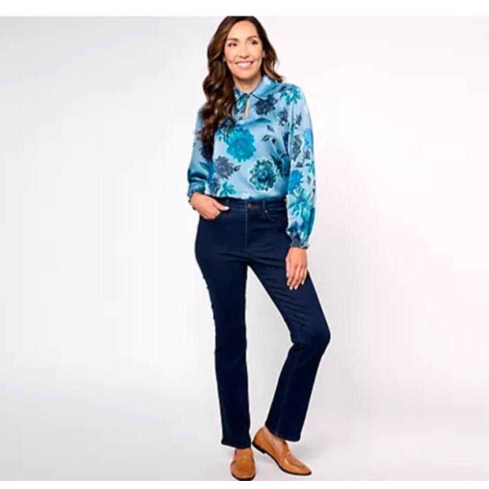 Canyon‎ Retreat Denim & Co. Blue Floral Silky Satin Long Sleeve Blouse Size 2X